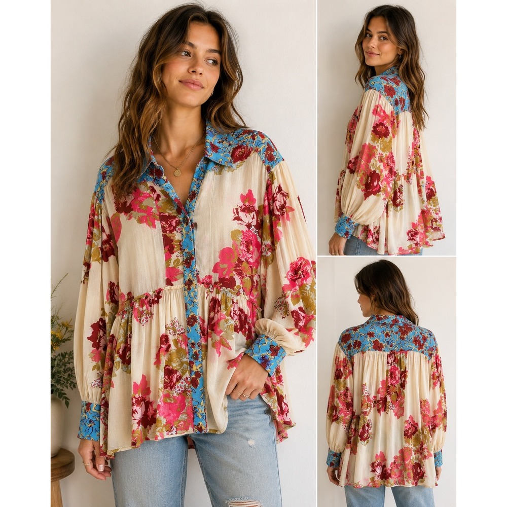 Free People Boho Floral Tunic Top Babydoll XS Mixed Print Long Sleeve Whimsigoth